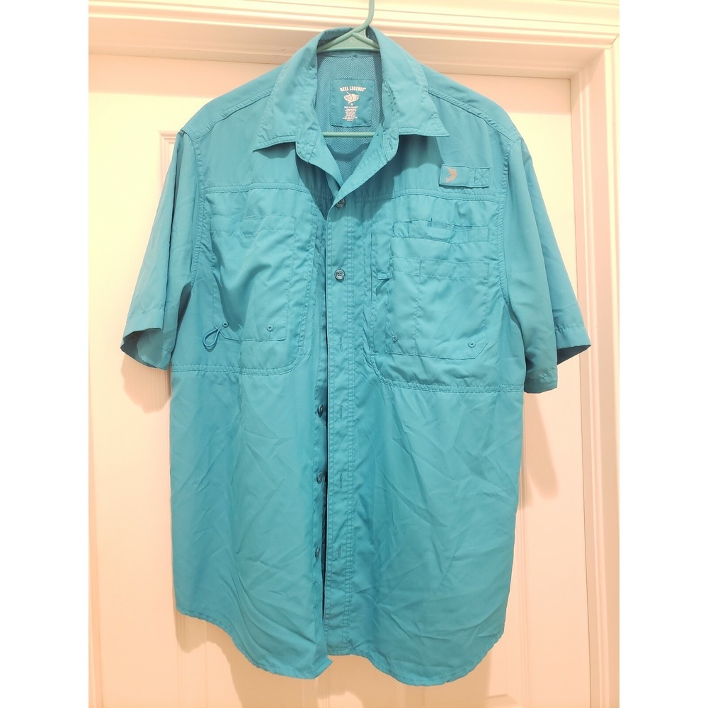 Reel Legends Performance Short‎ Sleeve  Button down Mens Size Medium Teal Blue